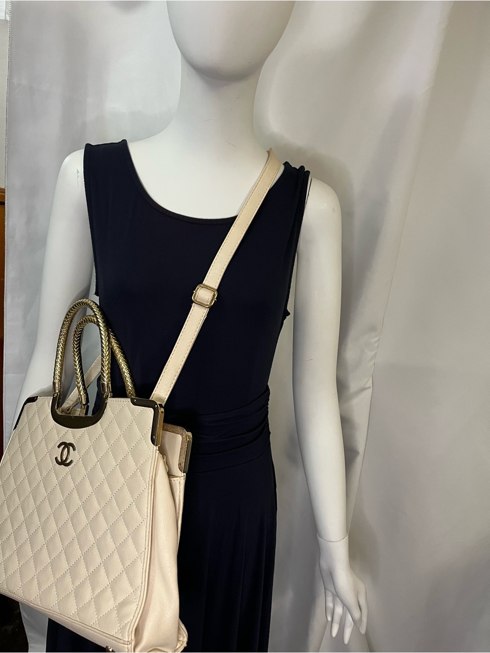 Quilted CC Top-Handle Tote in Cream with Gold Hardware - Picture 2 of 11